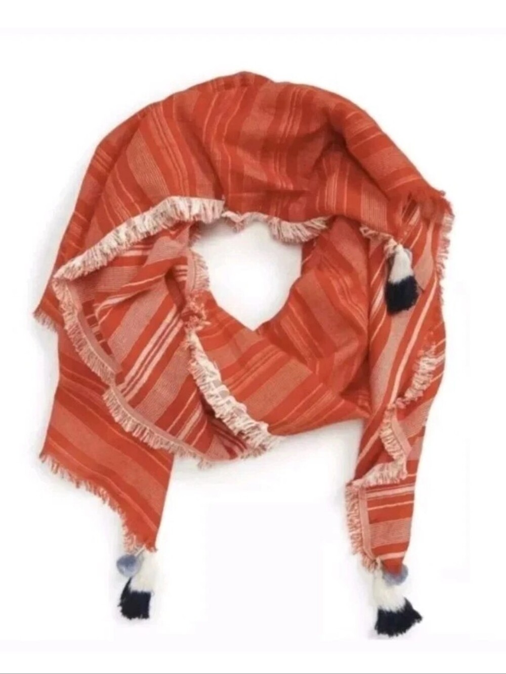 Madewell Boho Fringed PomPoms Sarong Wrap Blanket Coral Red Striped Nwt Lot Of 2